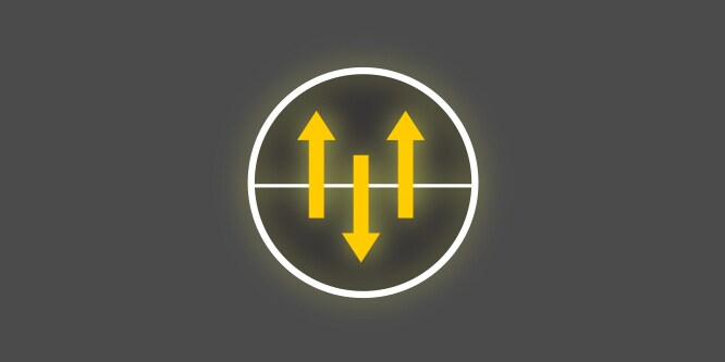 Icône jaune et blanche avec des flèches à l’intérieur d’un cercle pointant vers le haut et vers le bas, sur fond gris foncé, représentant la respirabilité et l’évacuation de l’humidité.
