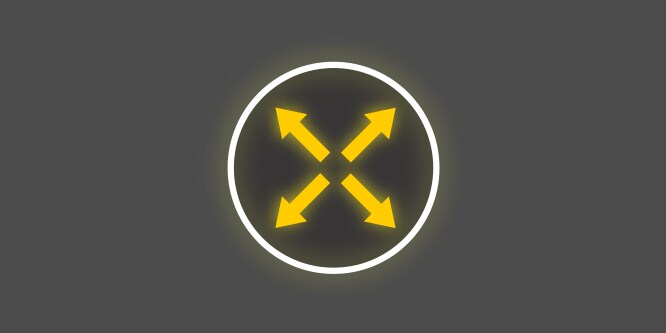 Icône jaune et blanche avec 4 flèches pointant vers l’extérieur depuis le centre d’un cercle, sur fond gris foncé, représentant l’extensibilité dans 4 directions.
